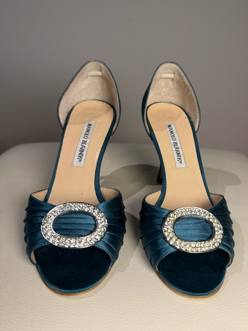 Manolo Blahnik Teal Satin Crystal Buckle D’Orsay Heels Sandals Size 36